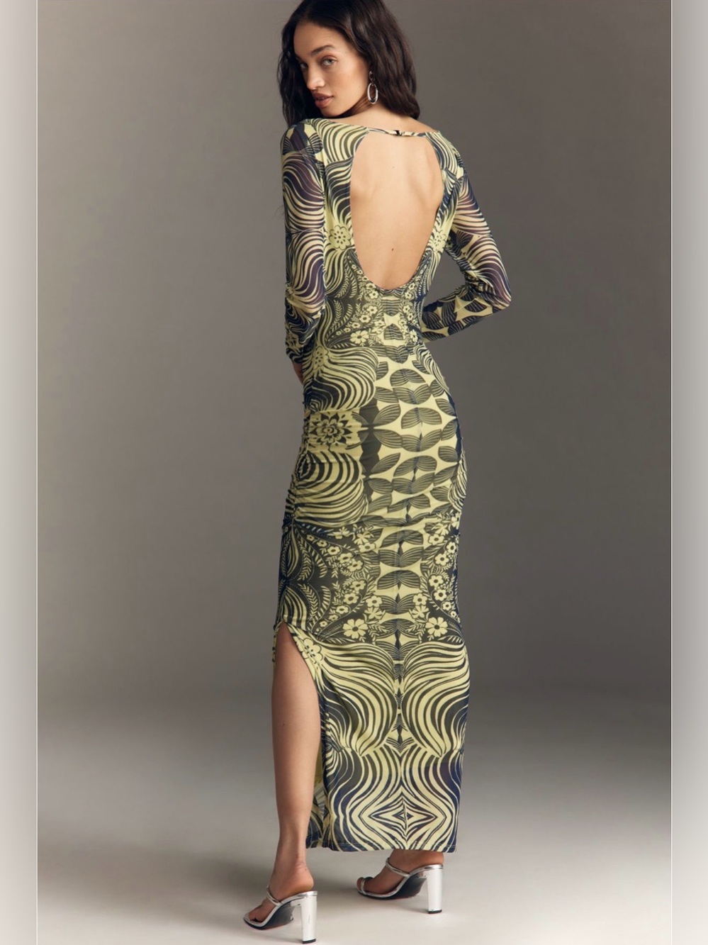 Anthropologie XL Open Back Mesh Maxi Dress Green Abstract Print $148 NWT - Picture 2 of 9